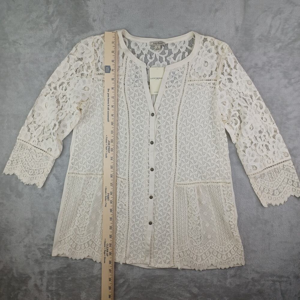 Lucky Brand Womens Boho Lace Button Up Top Cream Size Small Romantic Coquette - Picture 8 of 11